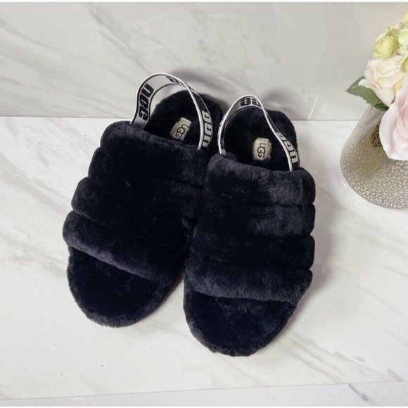 UGG Fluff Yeah Genuine Shearling Platform Slingback Sandal Slide Black US 7 - Picture 6 of 10
